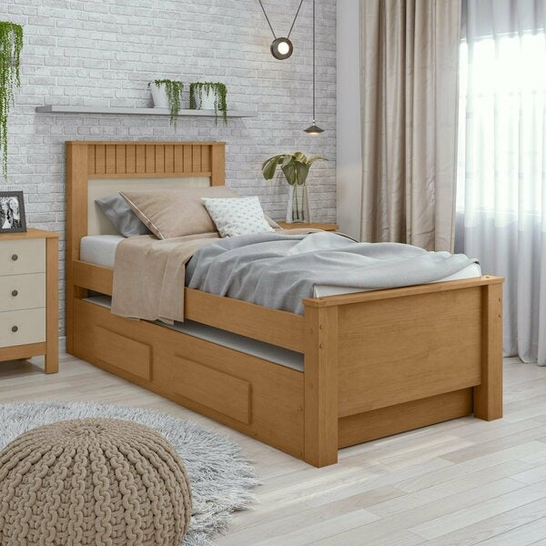 Bicama Solteiro com 2 Gavetas e Cama Auxiliar em MDP/MDF – Amêndoa Clean/Off White