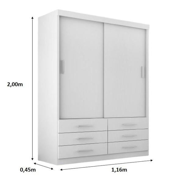 Guarda-Roupa Solteiro 2 Portas de Correr 6 Gavetas MDP Branco Alto Brilho Capri
