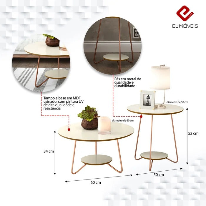 Conjunto Mesas de Centro e Apoio MDF Off White com Pés Metálicos