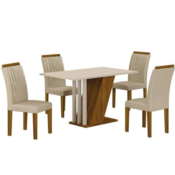 Conjunto Mesa de Jantar Retangular com 4 Cadeiras Estofadas e Tampo de Vidro – Freijó/Off White/Palha