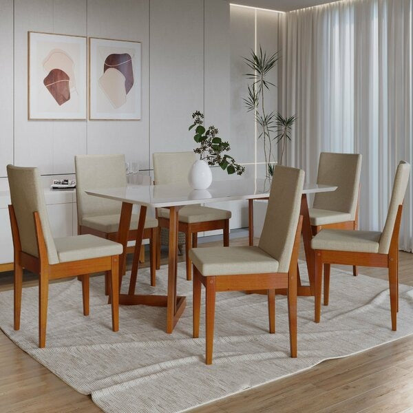 Conjunto Mesa de Jantar Retangular com 6 Cadeiras Estofadas e Tampo de Vidro – Caramelo