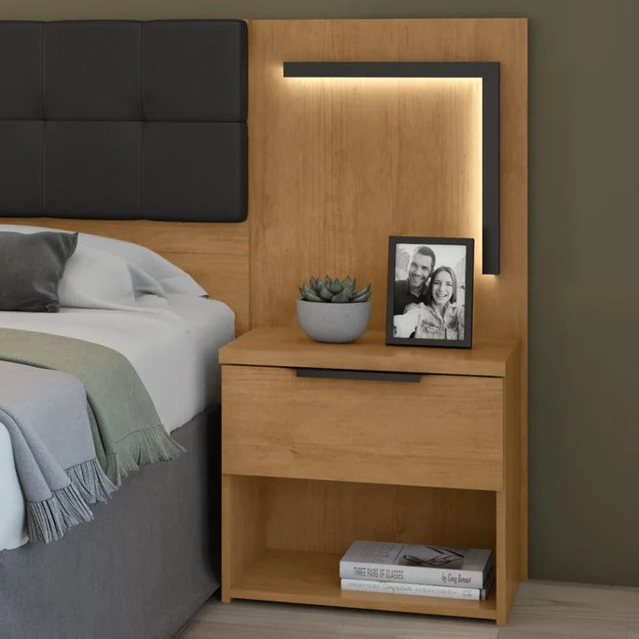 Cabeceira com 2 Mesas, Gavetas, Painel Estofado e LED para Queen e King – Amêndoa/Preto Fosco