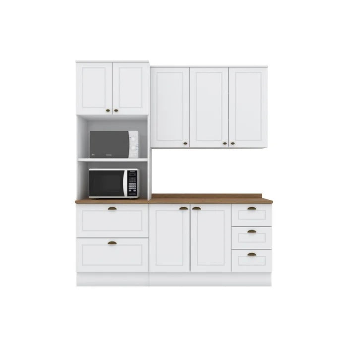 Cozinha Compacta com Torre Quente, Balcão e Aéreo em MDF – Branco HP/Nature