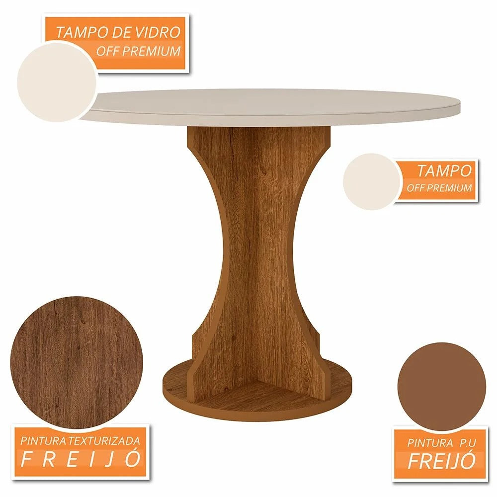 Conjunto Mesa de Jantar Redonda com 4 Cadeiras Estofadas – Freijó/Off Premium/Bouclé Off White