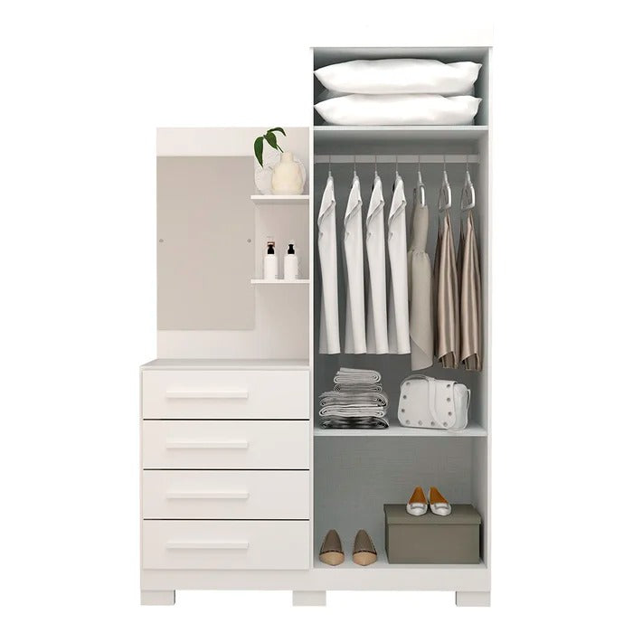Guarda-Roupa Solteiro 2 Portas 4 Gavetas com Espelho e Penteadeira MDF Branco Melissa