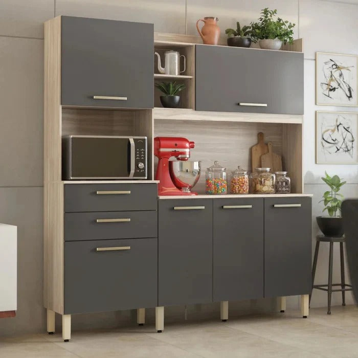 Armário de Cozinha Compacto 6 Portas 2 Gavetas Avena Grafito