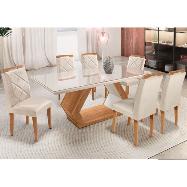 Conjunto Mesa de Jantar Retangular com 6 Cadeiras Estofadas – Bege
