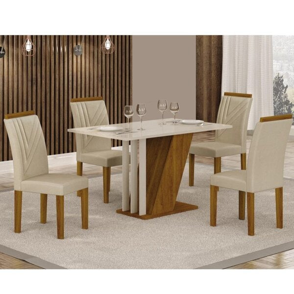 Conjunto Mesa de Jantar Retangular com 4 Cadeiras Estofadas e Tampo de Vidro – Freijó/Off White/Palha