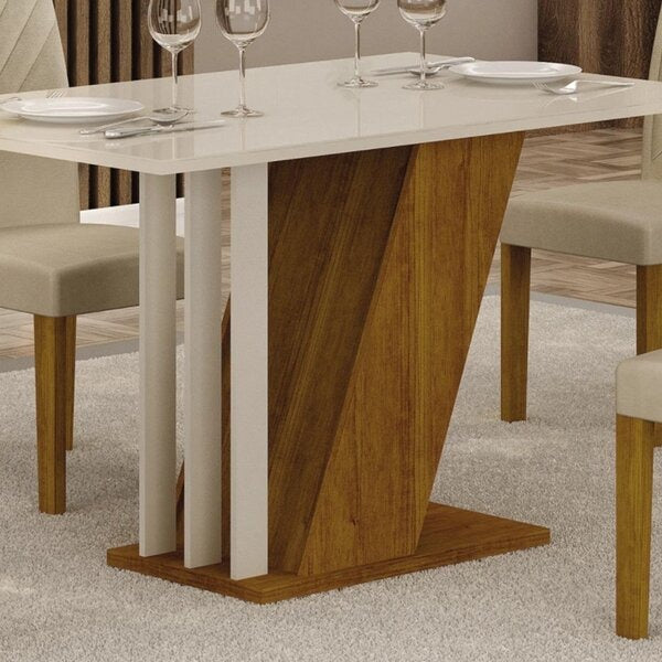 Conjunto Mesa de Jantar Retangular com 4 Cadeiras Estofadas e Tampo de Vidro – Freijó/Off White/Palha