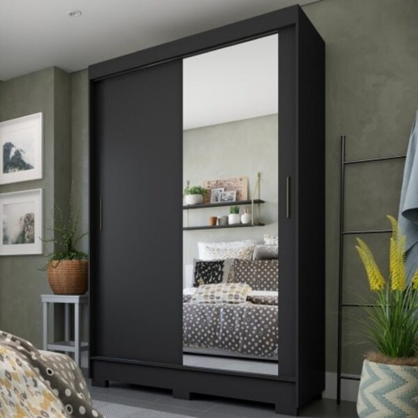 Guarda-Roupa Solteiro com 2 Portas de Correr, Espelho e 2 Gavetas – Málaga/Preto