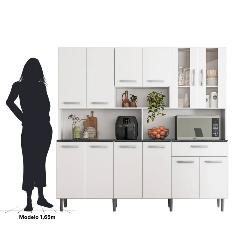 Armário de Cozinha Compacto 12 Portas 1 Gaveta Branco com Vidro