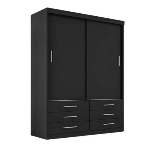 Guarda-Roupa Solteiro 2 Portas de Correr 6 Gavetas MDP Preto Fosco Capri