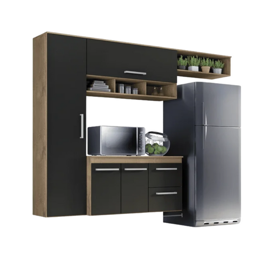Cozinha Compacta com Torre Quente, Balcão e Aéreo em MDF – Branco HP/Nature