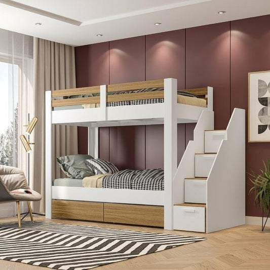 Beliche Solteiro com Escada Lateral, Nichos e 2 Gavetões – MDF/MDP Branco/Amadeirado