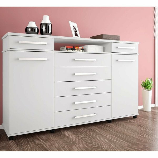 Cômoda 7 Gavetas com Porta, Cabideiro e Rodízios Branco