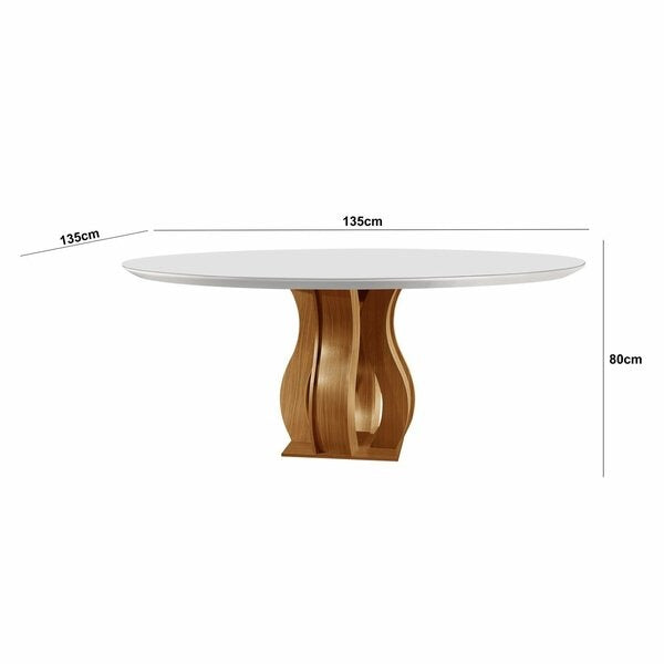 Conjunto Mesa de Jantar Redonda com 6 Cadeiras Estofadas e Tampo de Vidro – Castanho Cinamomo/Suede Creme/Off White