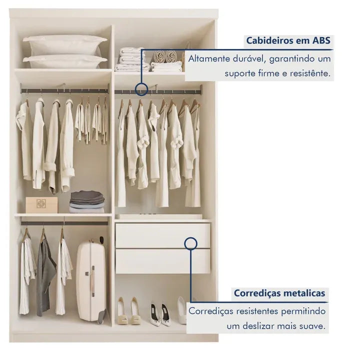 Guarda-Roupa Solteiro com 2 Portas de Correr, 2 Gavetas e Cabideiros – Branco
