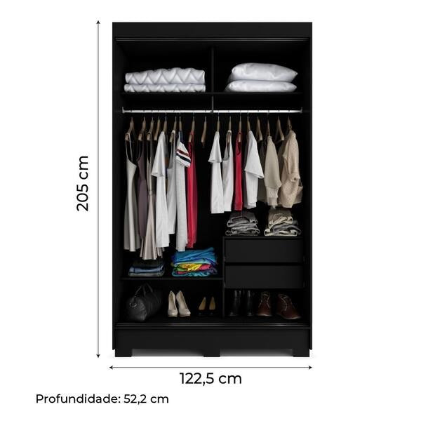 Guarda-Roupa Solteiro com 2 Portas de Correr, Espelho e 2 Gavetas – Málaga/Preto