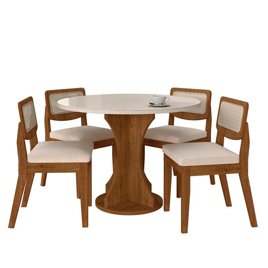 Conjunto Mesa de Jantar Redonda com 4 Cadeiras Estofadas – Freijó/Off Premium/Bouclé Off White