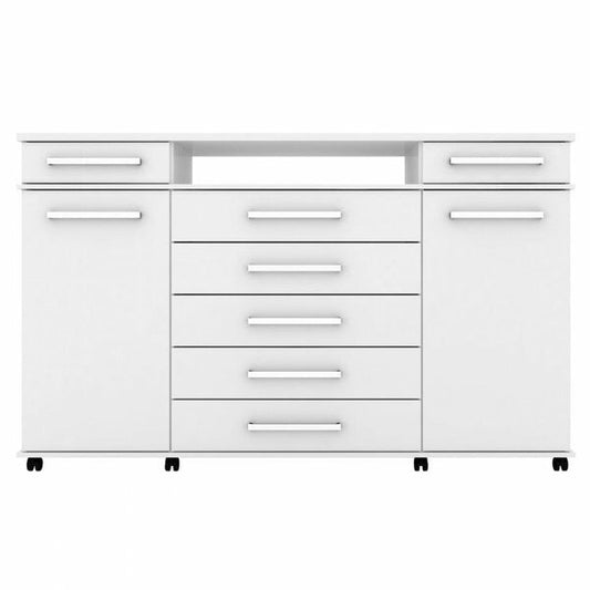 Cômoda 7 Gavetas com Porta, Cabideiro e Rodízios Branco