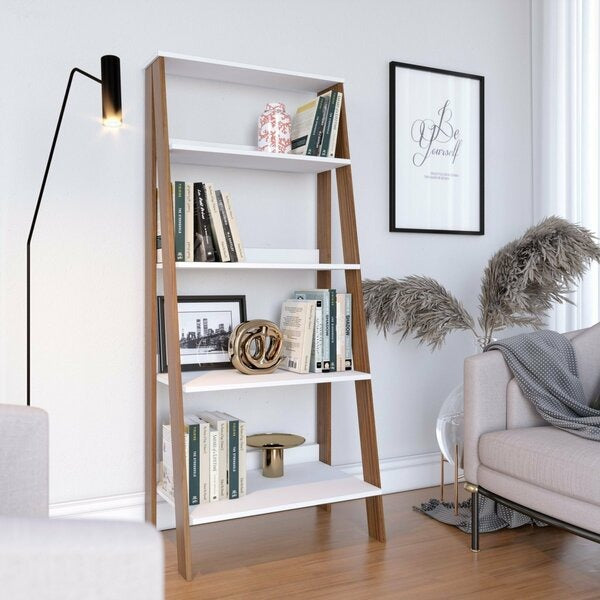 Estante Escada Decorativa MDP Branco Neve e Noce Milano com 4 Prateleiras