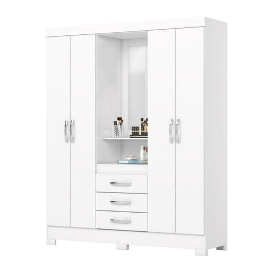 Guarda-Roupa Solteiro 4 Portas com Espelho e 3 Gavetas Branco