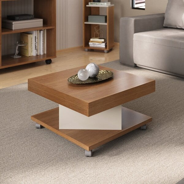 Mesa de Centro Quadrada com Rodízios e Prateleira Cinamomo/Off White