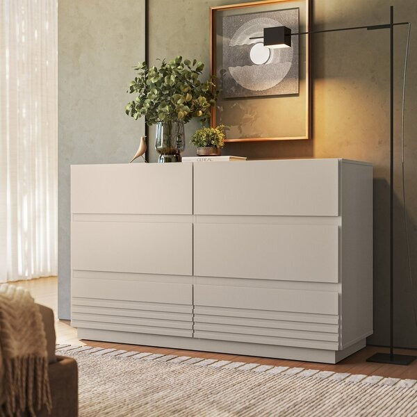 Cômoda 6 Gavetas Ripada Japandi em MDP/MDF com Corrediças Telescópicas Acabamento UV Fosco Cor Off White