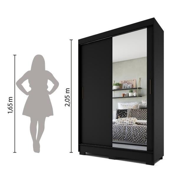 Guarda-Roupa Solteiro com 2 Portas de Correr, Espelho e 2 Gavetas – Málaga/Preto