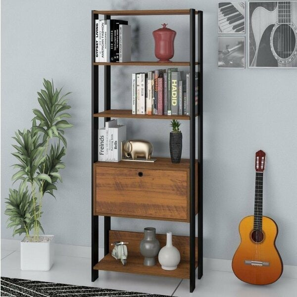 Estante Decorativa Industrial MDP Preto e Pinho com Porta Basculante