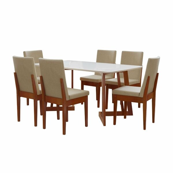 Conjunto Mesa de Jantar Retangular com 6 Cadeiras Estofadas e Tampo de Vidro – Caramelo