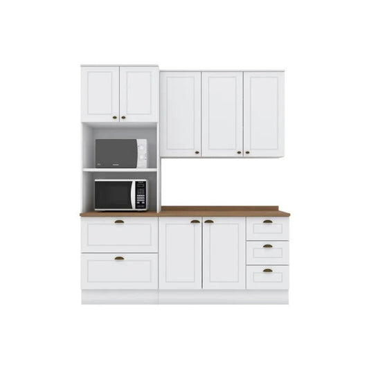Cozinha Compacta com Torre Quente, Balcão e Aéreo em MDF – Branco HP/Nature