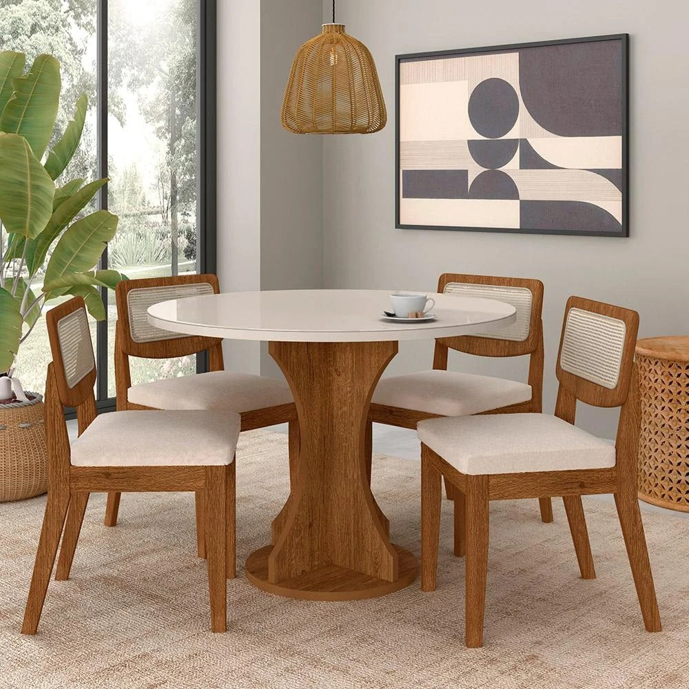 Conjunto Mesa de Jantar Redonda com 4 Cadeiras Estofadas – Freijó/Off Premium/Bouclé Off White