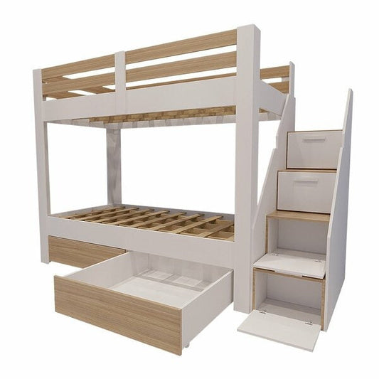 Beliche Solteiro com Escada Lateral, Nichos e 2 Gavetões – MDF/MDP Branco/Amadeirado
