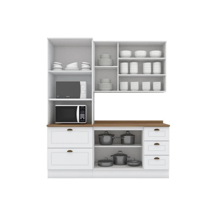 Cozinha Compacta com Torre Quente, Balcão e Aéreo em MDF – Branco HP/Nature
