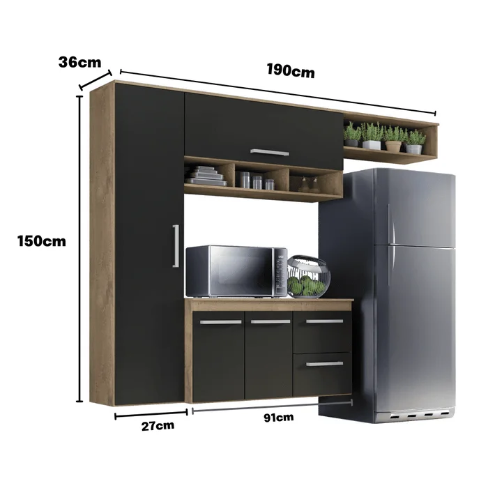 Cozinha Compacta com Torre Quente, Balcão e Aéreo em MDF – Branco HP/Nature