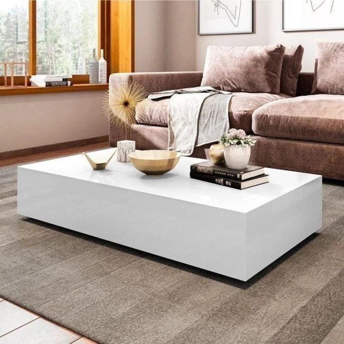 Mesa de Centro Retangular em MDF Branco com Acabamento em Laca Semi-Brilho
