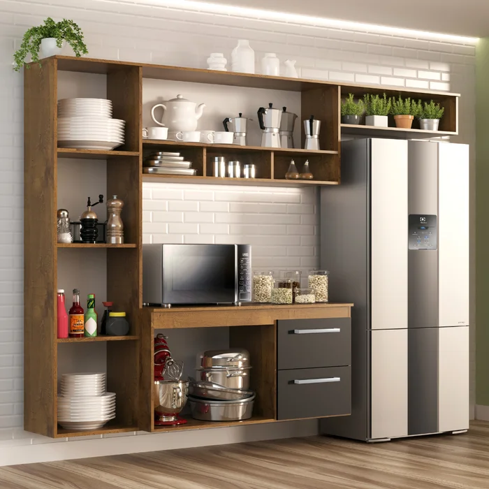 Cozinha Compacta com Torre Quente, Balcão e Aéreo em MDF – Branco HP/Nature