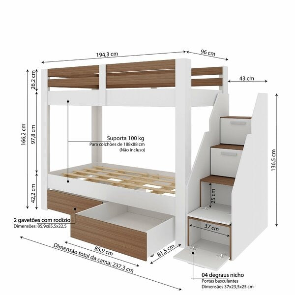 Beliche Solteiro com Escada Lateral, Nichos e 2 Gavetões – MDF/MDP Branco/Amadeirado
