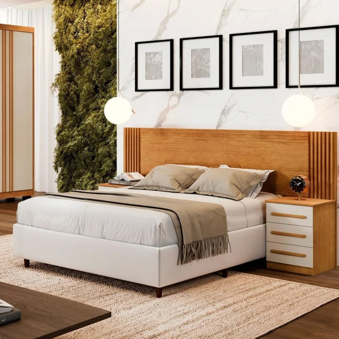 Cabeceira Extensível com 2 Mesas e 6 Gavetas para Casal e Queen – Cinamomo/Off-White