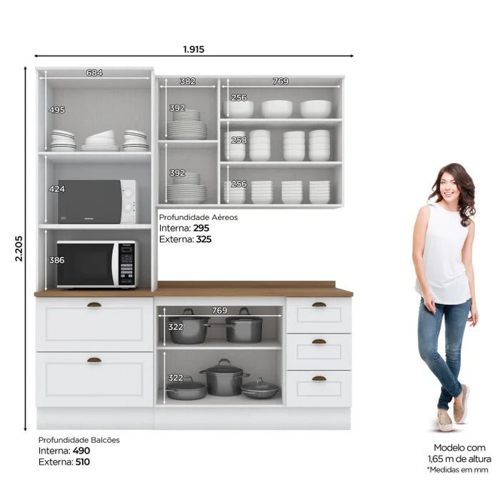 Cozinha Compacta com Torre Quente, Balcão e Aéreo em MDF – Branco HP/Nature