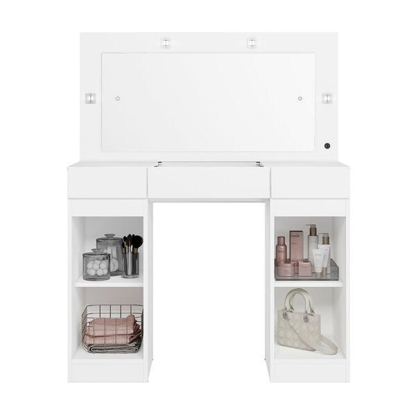 Penteadeira Camarim com Espelho LED, 3 Gavetas, 2 Portas e Nichos Branco