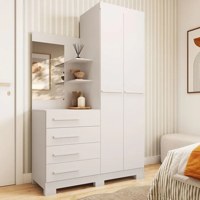 Guarda-Roupa Solteiro 2 Portas 4 Gavetas com Espelho e Penteadeira MDF Branco Melissa
