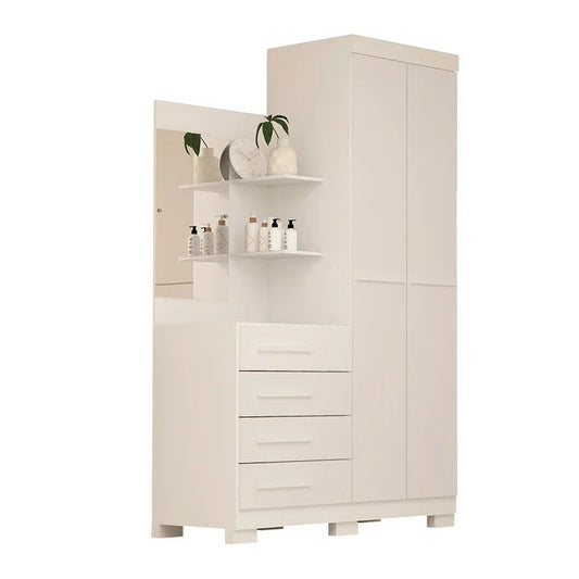 Guarda-Roupa Solteiro 2 Portas 4 Gavetas com Espelho e Penteadeira MDF Branco Melissa