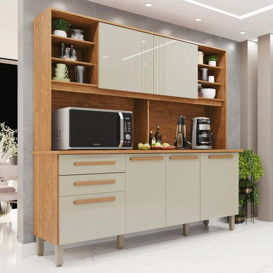 Armário de Cozinha Compacta com 6 Portas e 2 Gavetas – Cinamomo/Off White