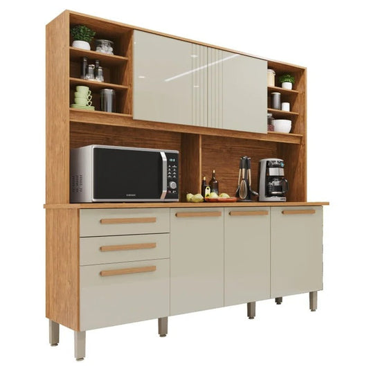 Armário de Cozinha Compacta com 6 Portas e 2 Gavetas – Cinamomo/Off White