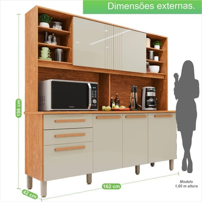 Armário de Cozinha Compacta com 6 Portas e 2 Gavetas – Cinamomo/Off White