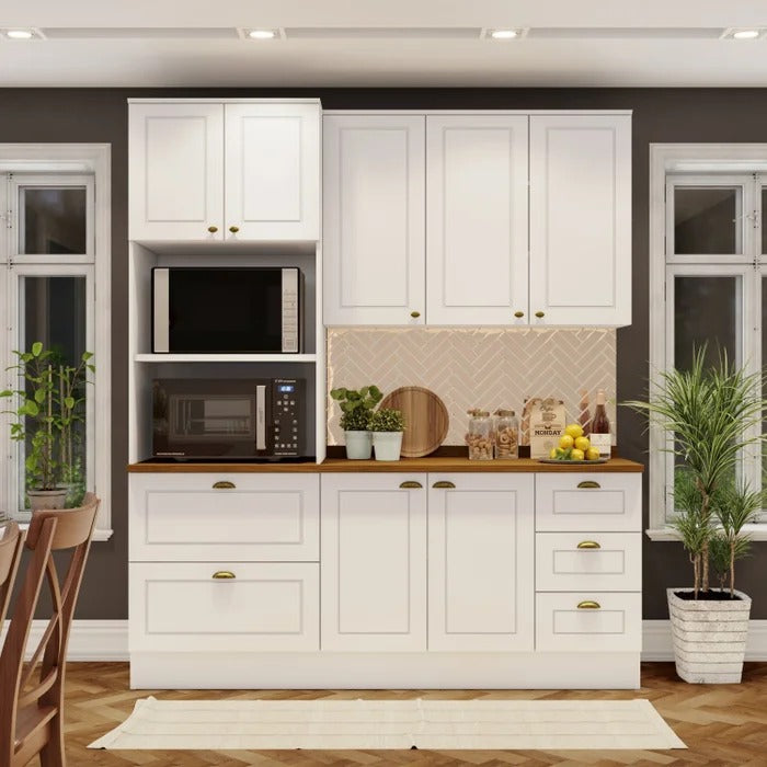 Cozinha Compacta com Torre Quente, Balcão e Aéreo em MDF – Branco HP/Nature