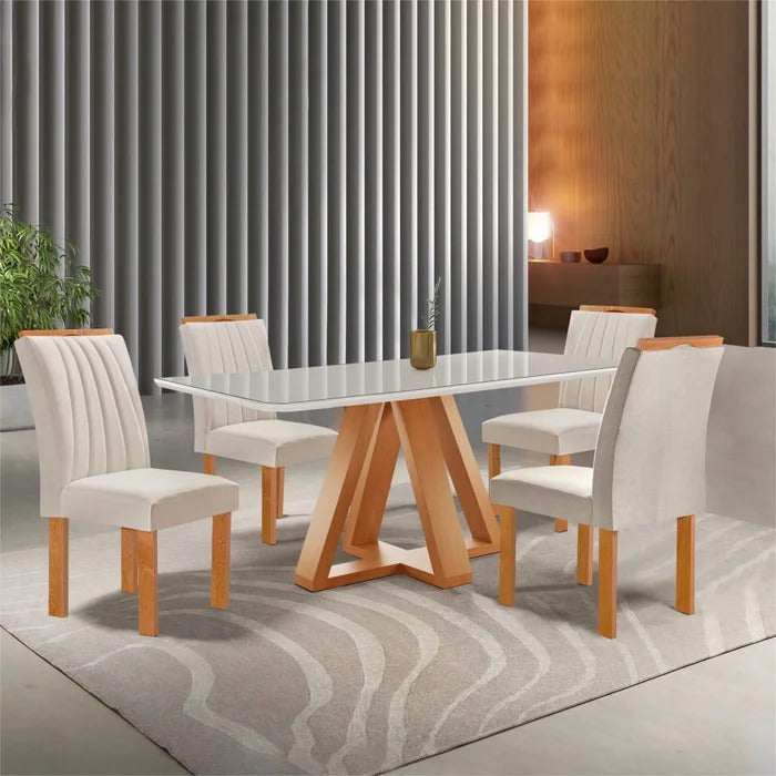 Conjunto Mesa de Jantar com 4 Cadeiras Estofadas e Tampo de Vidro – Cinamomo/Off White/Suede Bege