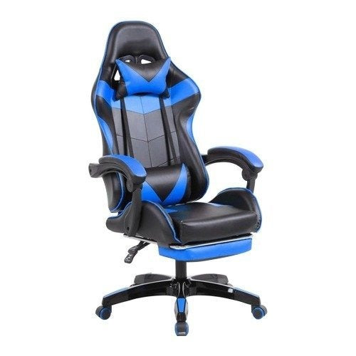 Cadeira Gamer Trieste Reclinável com Apoio para os Pés, Revestimento em Couro PU Azul e Travesseiros Ergonômicos